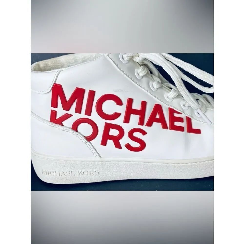 🛍️Michael Kors White Sneakers with Red Logo Mid-High-Tops - Picture 14 of 16